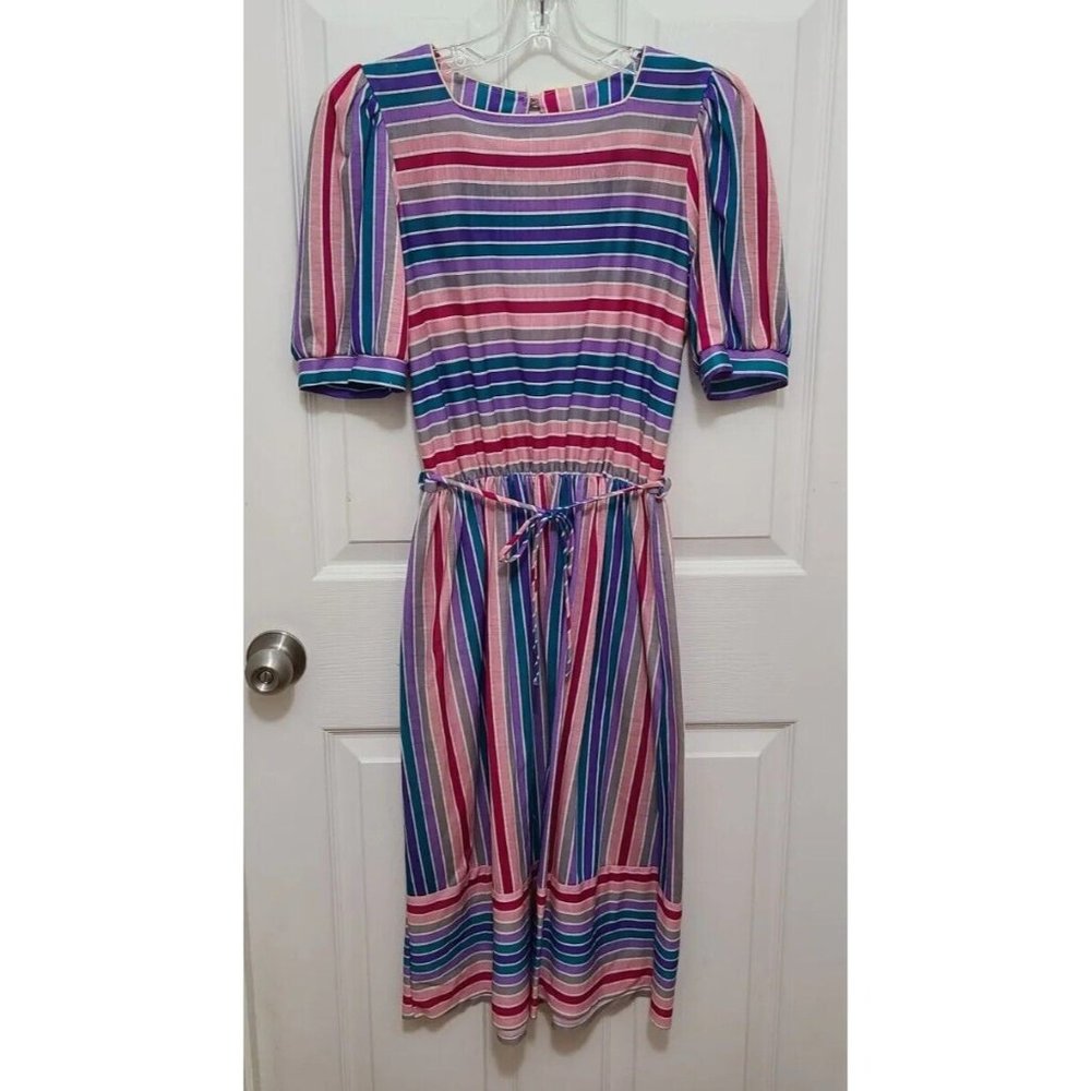 Vtg 70s Byer Too! Short Puff sleeve Midi Dress Elastic Tie Waist Striped Size 7